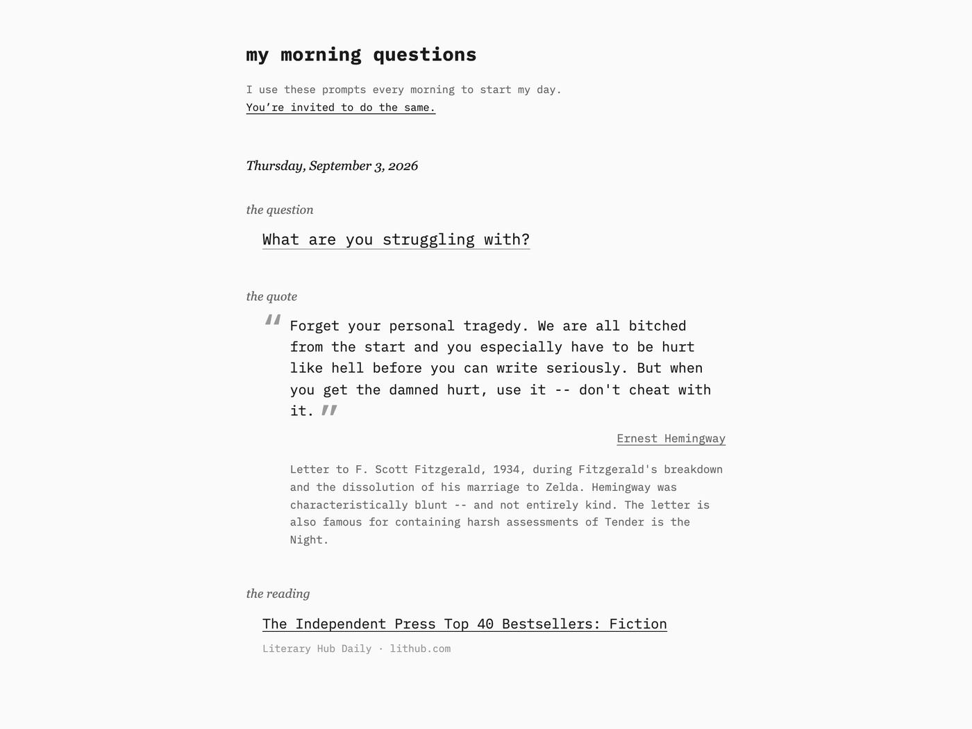 The public page at mymorningquestions.com, September 3, 2026: the question, a quote with its context, a reading. What I wrote that morning is not on it.