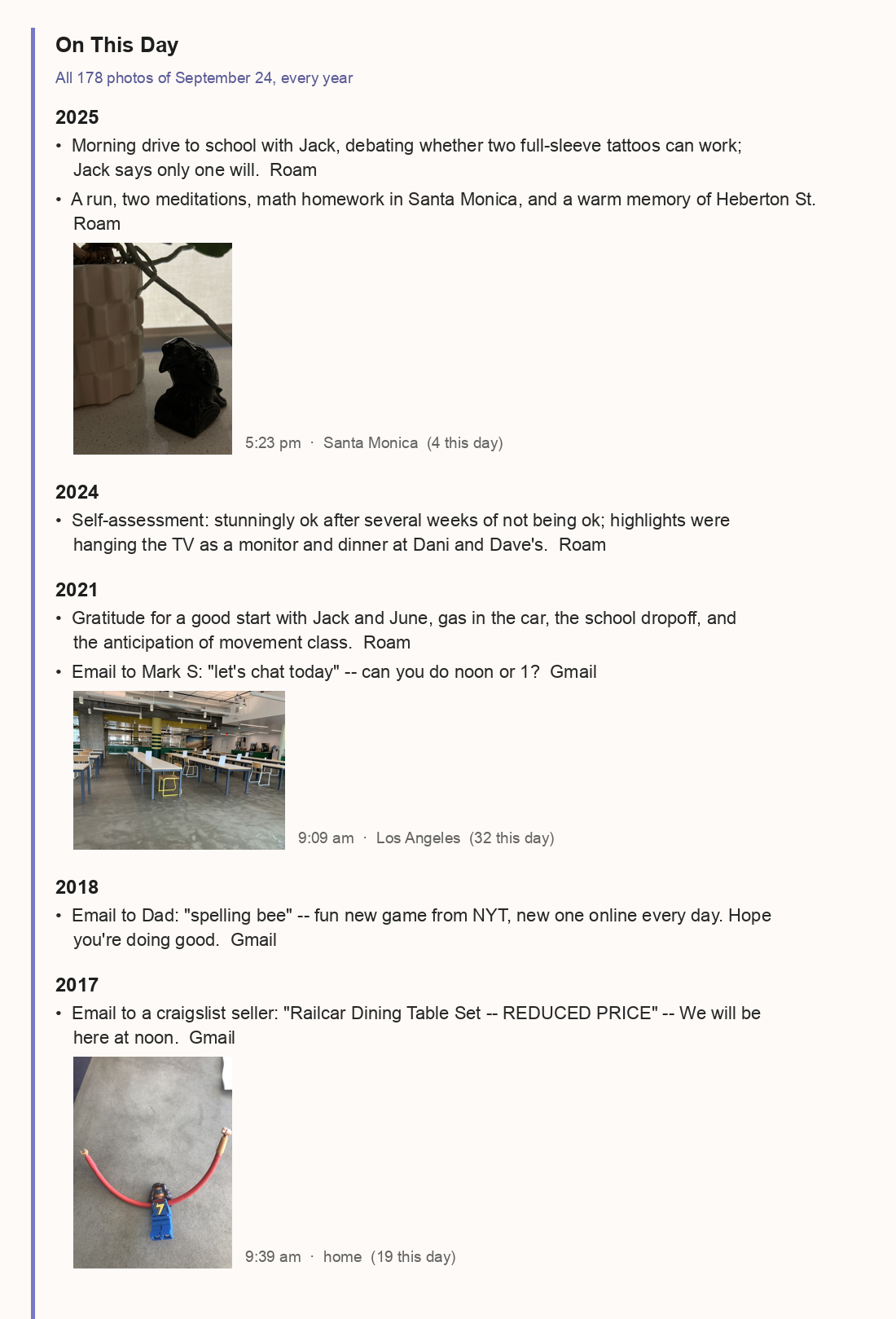 This morning's On This Day block, September 24: journal lines, sent emails and photos from the same date in earlier years.